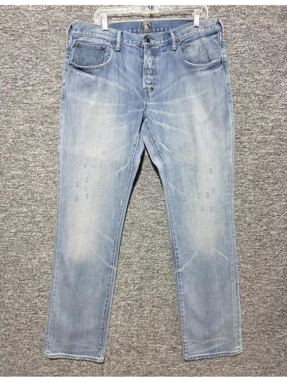 PRPS Men Light Wash Blue Denim Jeans Straight Regular Fit Button Fly Logo